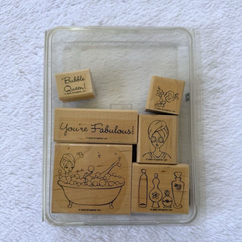 Stampin' Up! BUBBLE QUEEN Red Rubber Wood Mount 6 Piece Stamp Set Retired